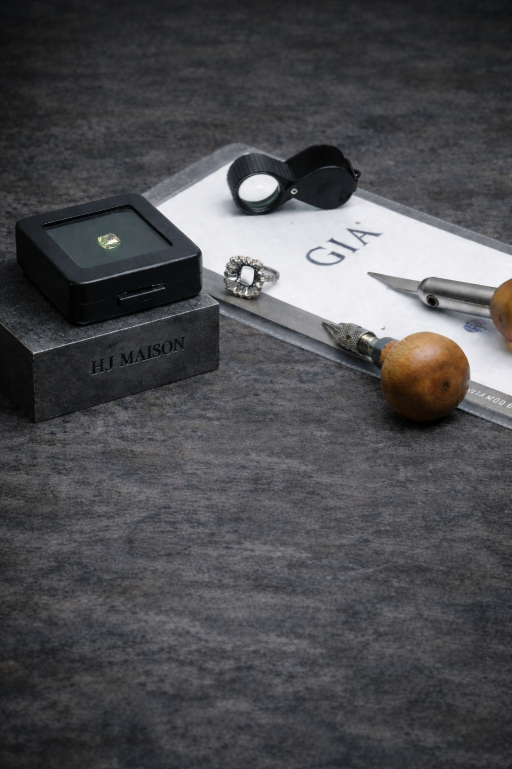 Jewelry inspection tools and a diamond on a dark surface with 'GIA' and HJ Maison Logo