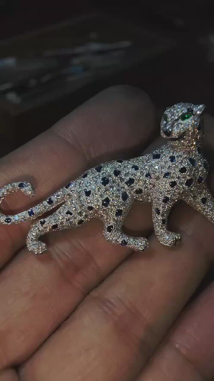 HJ Maison handcrafted. customised leopard brooch with green emerald diamonds