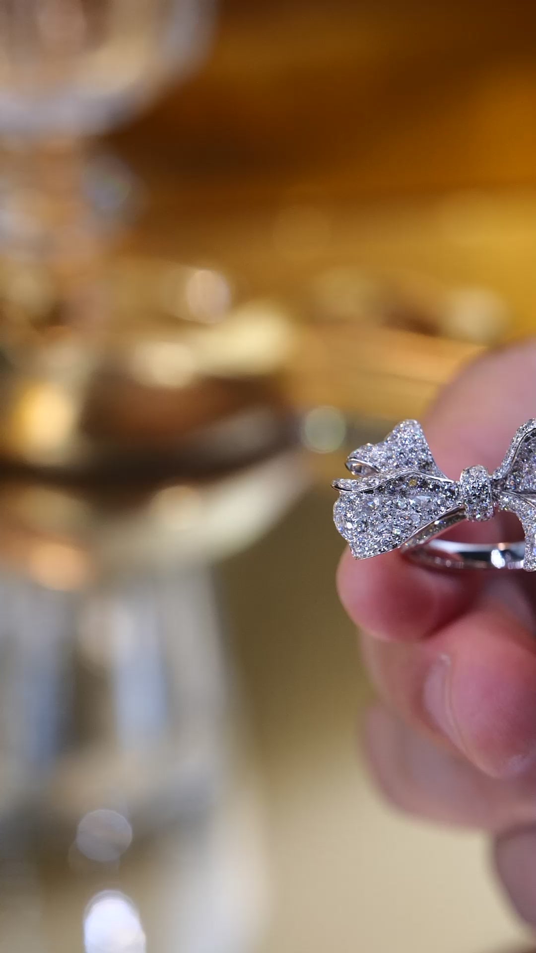 Close-up of diamonds on HJ Maison bow ring, fine-luxury